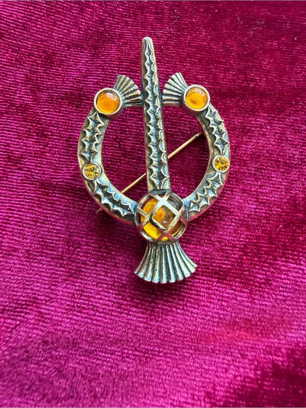 Vintage Miracle Scottish Thistle Brooch with Crystal Stones